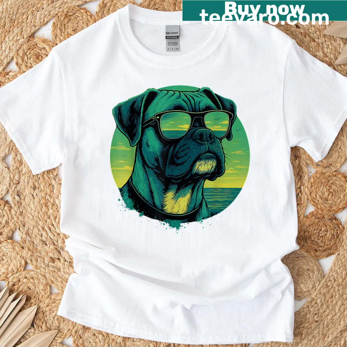 T-shirt featuring a cartoon Boxer dog in sunglasses at the beach — on a men's t-shirt