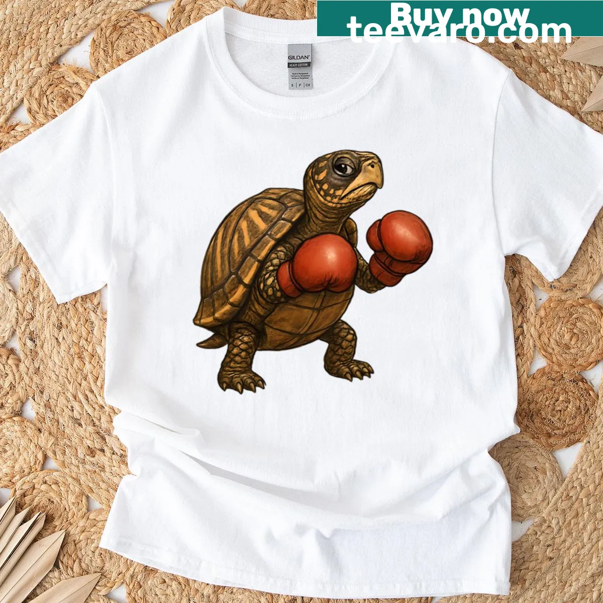 Playful T-shirt featuring a boxing box turtle illustration — on a men's t-shirt