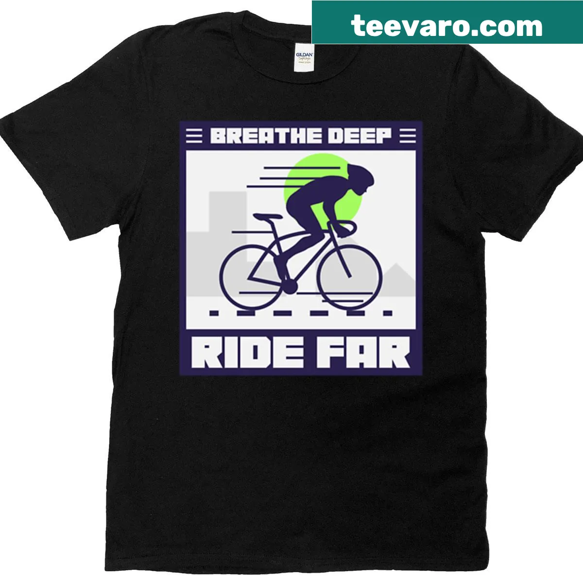 Inspirational t-shirt with 'Breathe Deep Ride Far' text — on a men's t-shirt