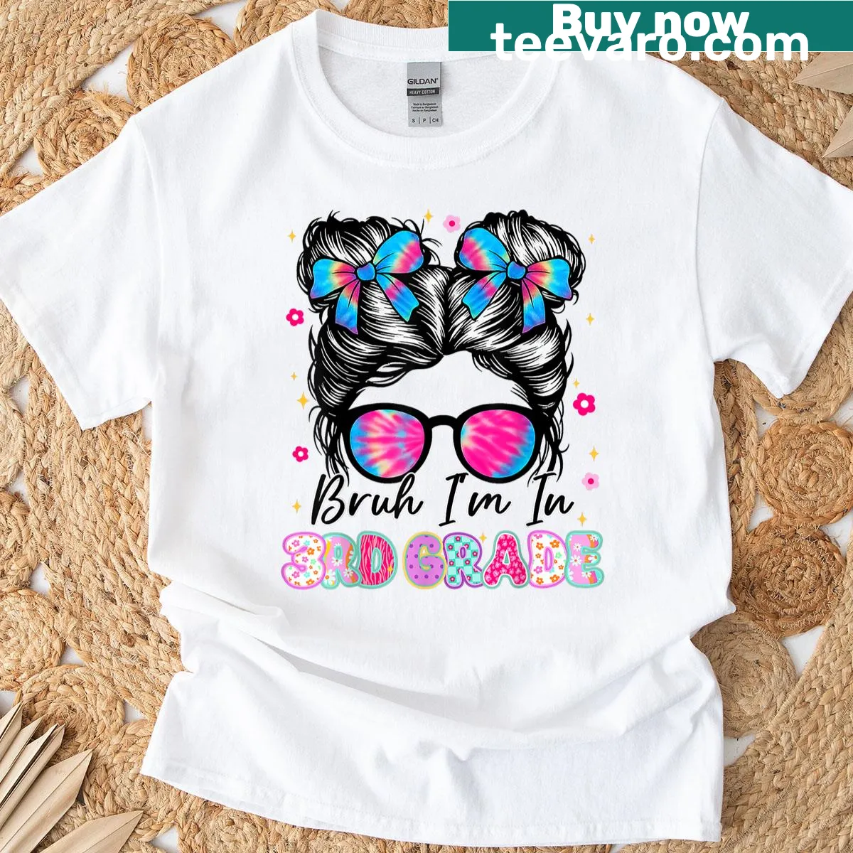Humorous 3rd grade t-shirt with messy bun graphic and fun text — on a men's t-shirt