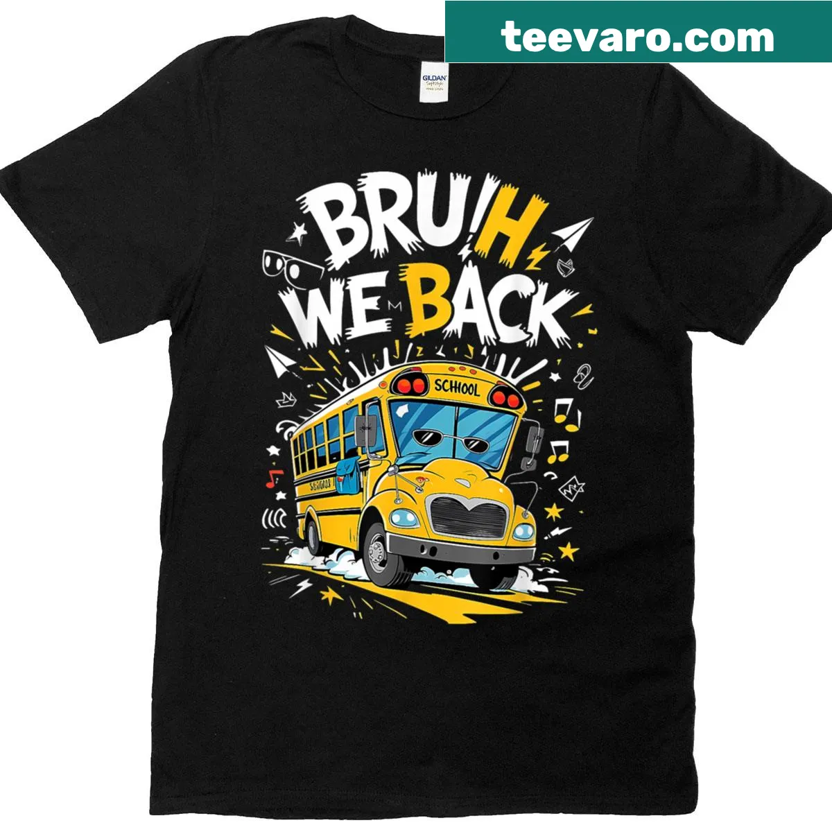 Retro bus driver t-shirt with text 'Bruh We Back' — on a men's t-shirt
