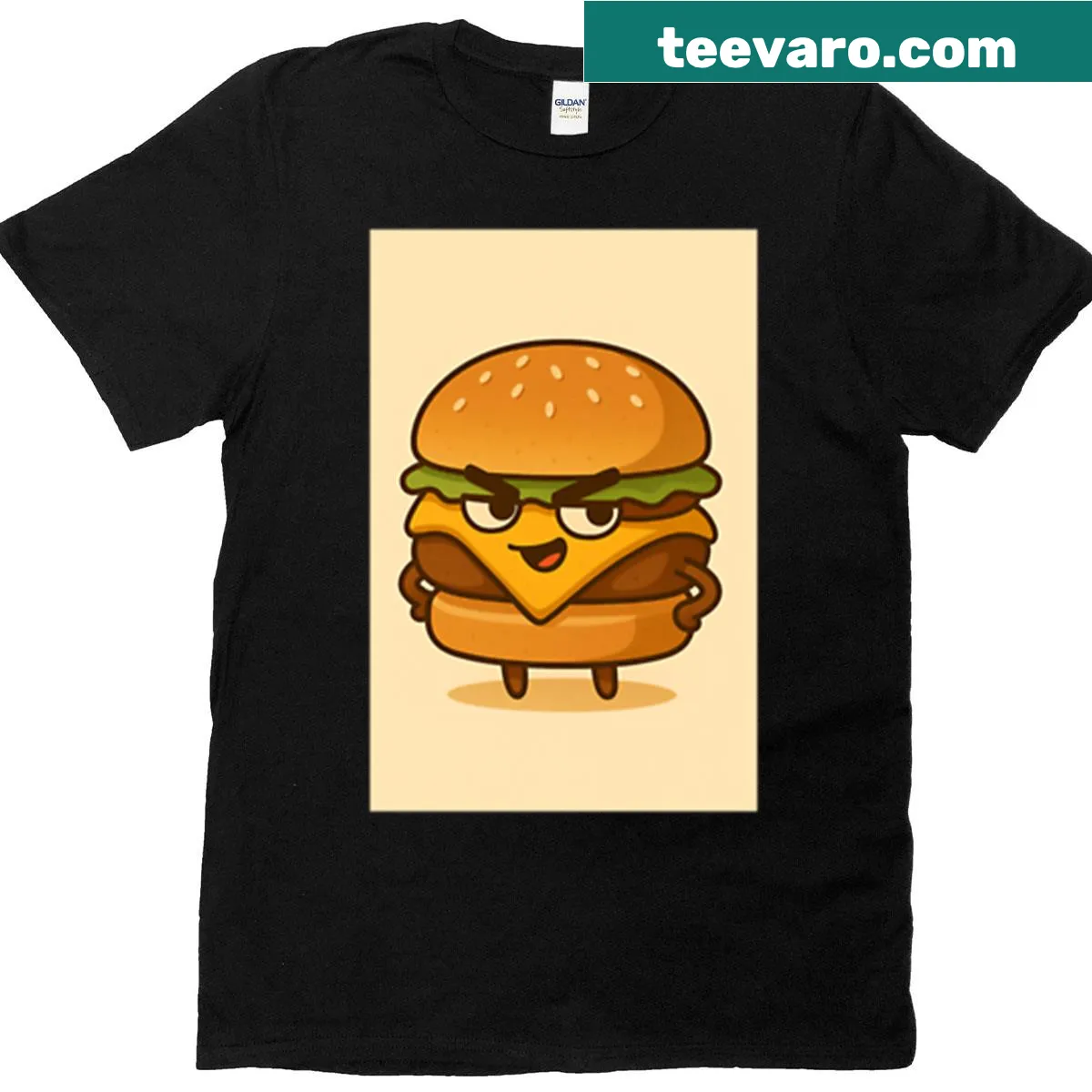 Cartoon Burger Buddy t-shirt with bold burger graphic — on a men's t-shirt