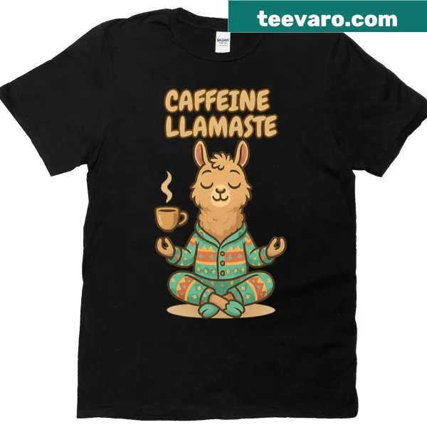 Whimsical llama illustration with caffeine theme on a t-shirt