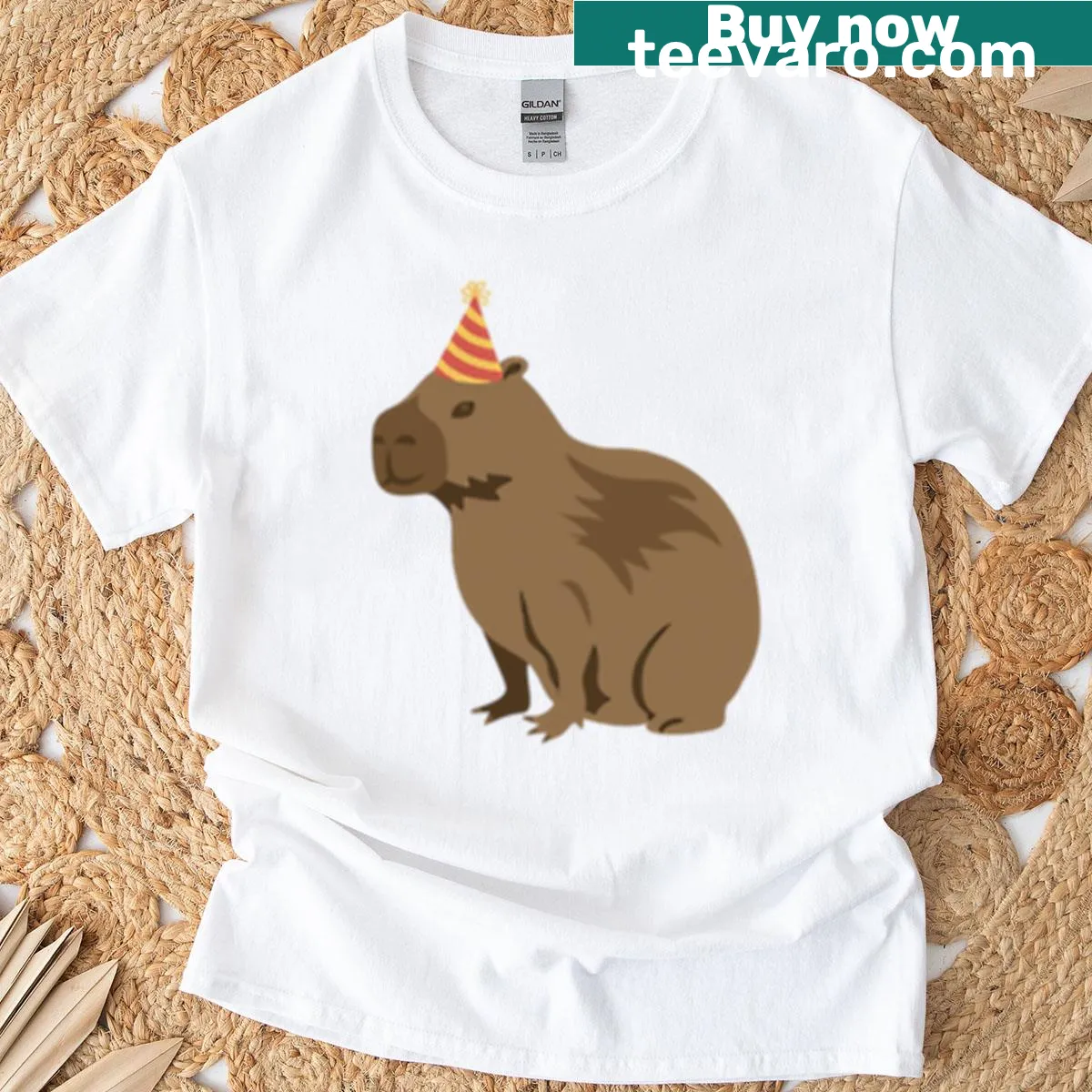 Cute T-shirt with a capybara wearing a birthday hat — on a men's t-shirt