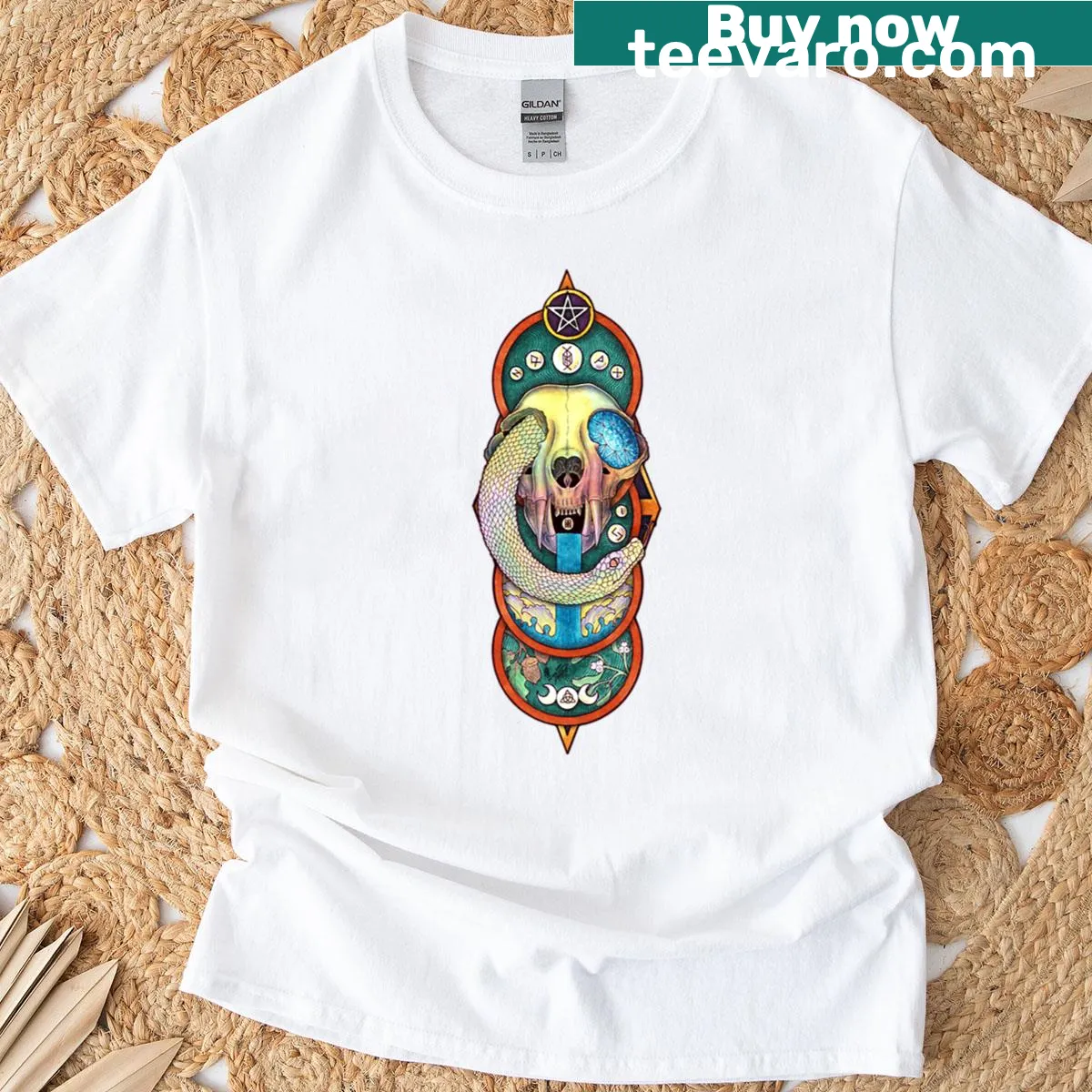 Bold illustration of a cat skull on a T-shirt — on a men's t-shirt