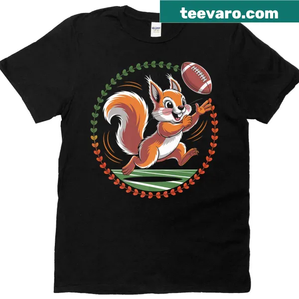 Squirrel catching a football graphic on a t-shirt