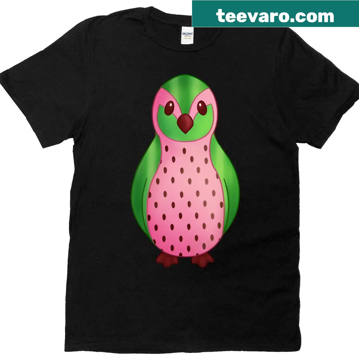 T-shirt featuring Charleston the Penguin illustration with a melon — on a men's t-shirt
