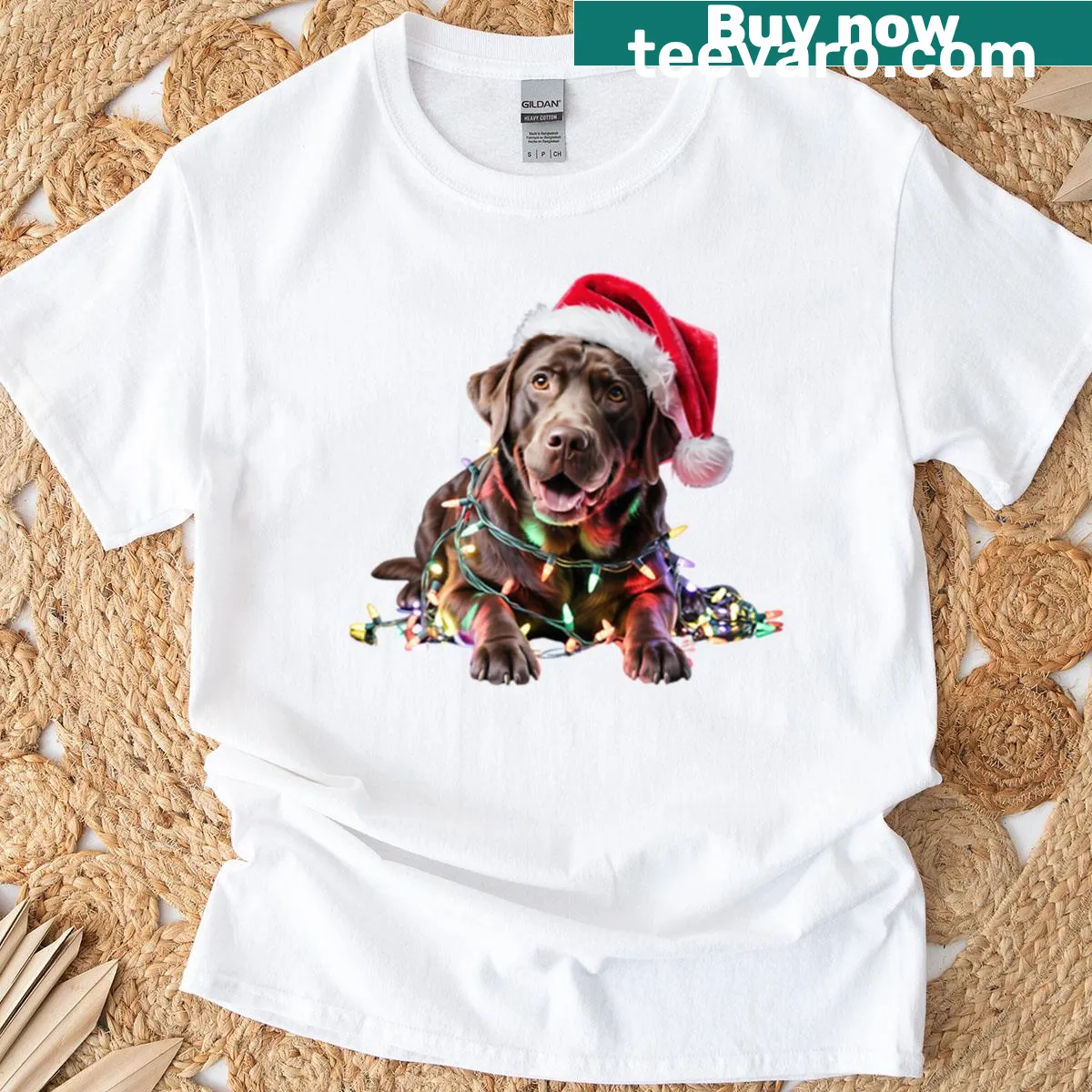 Chocolate lab in Santa hat with Christmas lights graphic — on a men's t-shirt