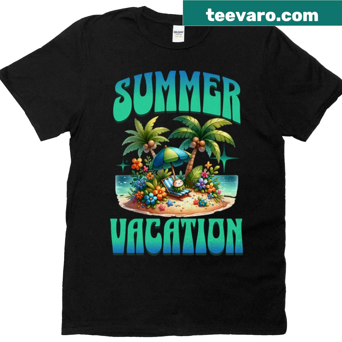 Tropical beach vacation scene graphic on a t-shirt — on a men's t-shirt