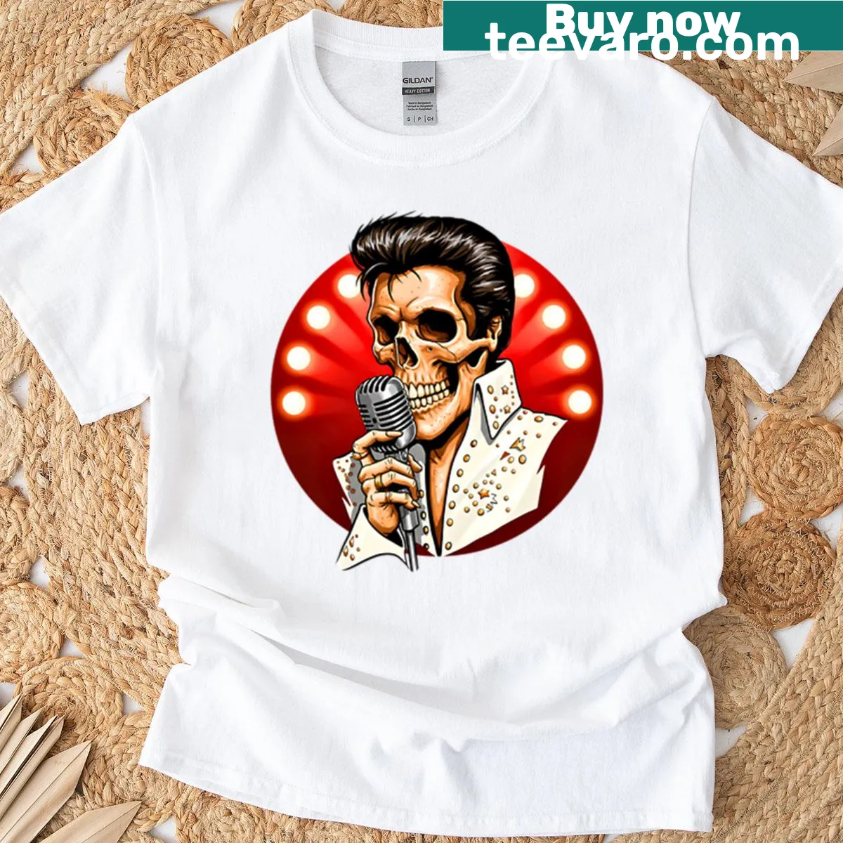 Skull design T-shirt featuring Elvis Presley inspired art from 1968 — on a men's t-shirt