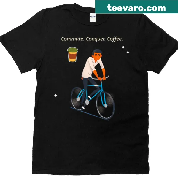 Cartoon coffee cup graphic on T-shirt for coffee lovers.
