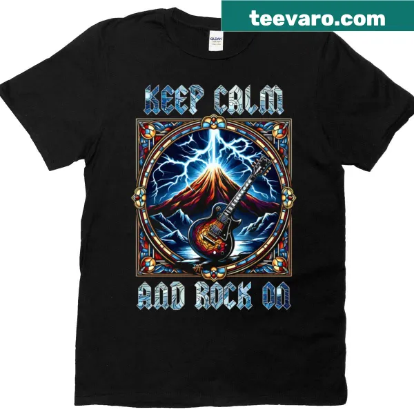 Bold Keep Calm guitar-themed T-shirt for music lovers.
