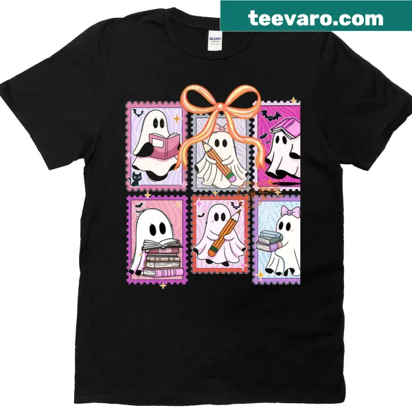 Cute ghost with bow illustration and text 'Trick or Teach' for Halloween.