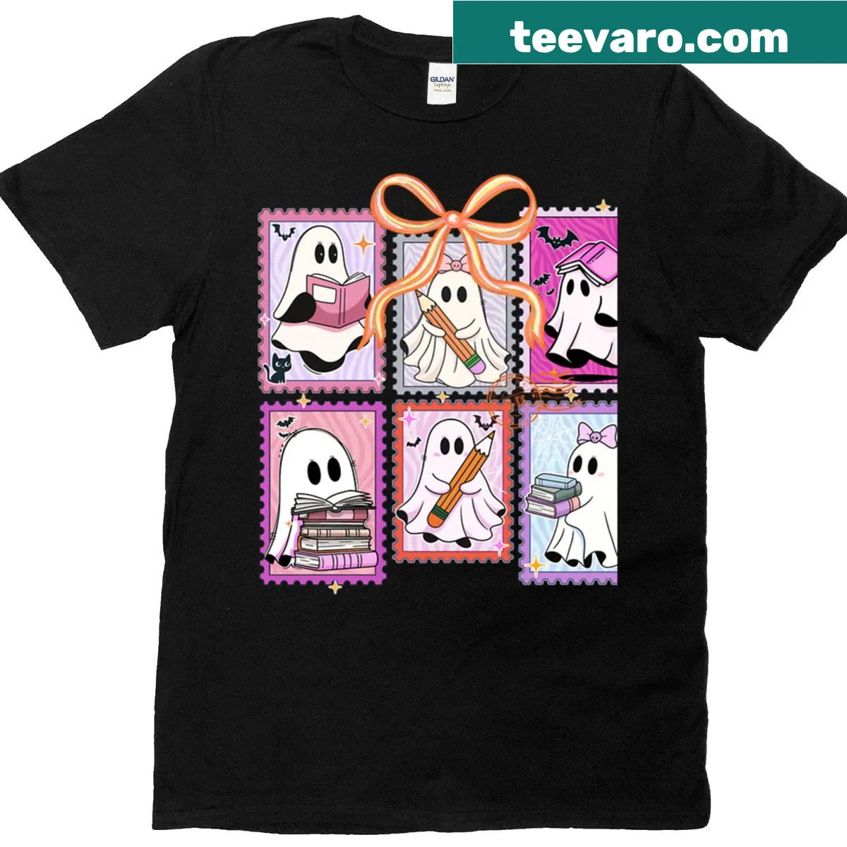 Cute ghost with bow illustration and text 'Trick or Teach' for Halloween. — on a men's t-shirt