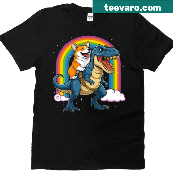 Corgi riding a T-rex in space with rainbows, designed for kids.
