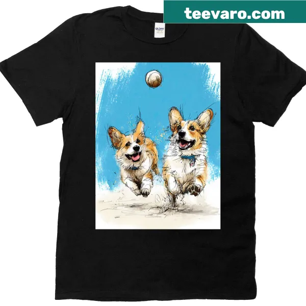 Playful illustration of corgis chasing a ball on the beach.