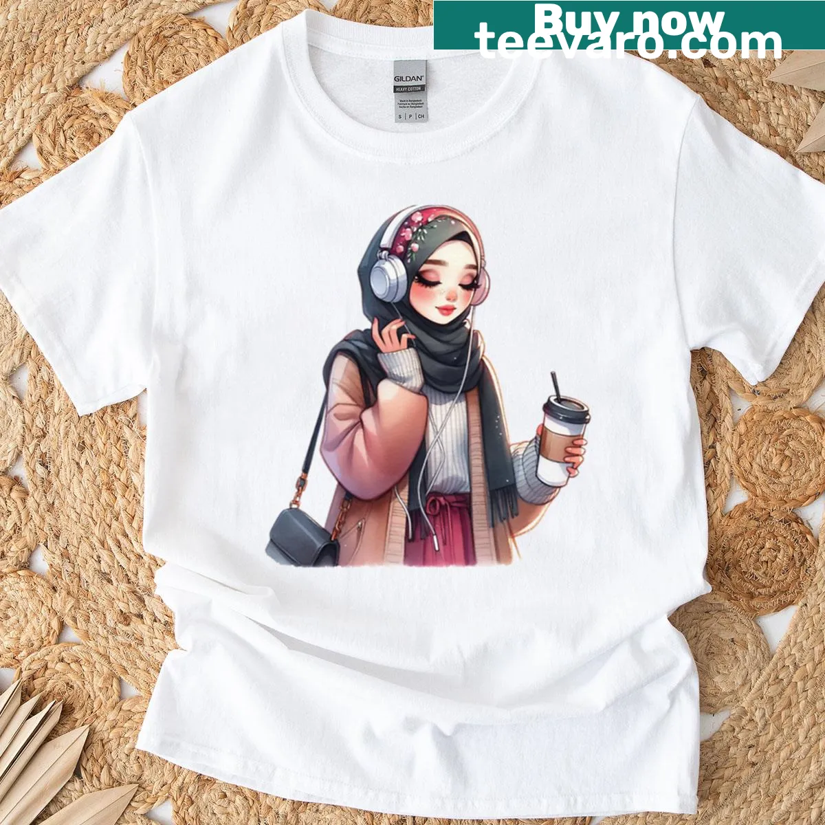 Illustration of a hijabi girl with coffee on T-shirt — on a men's t-shirt