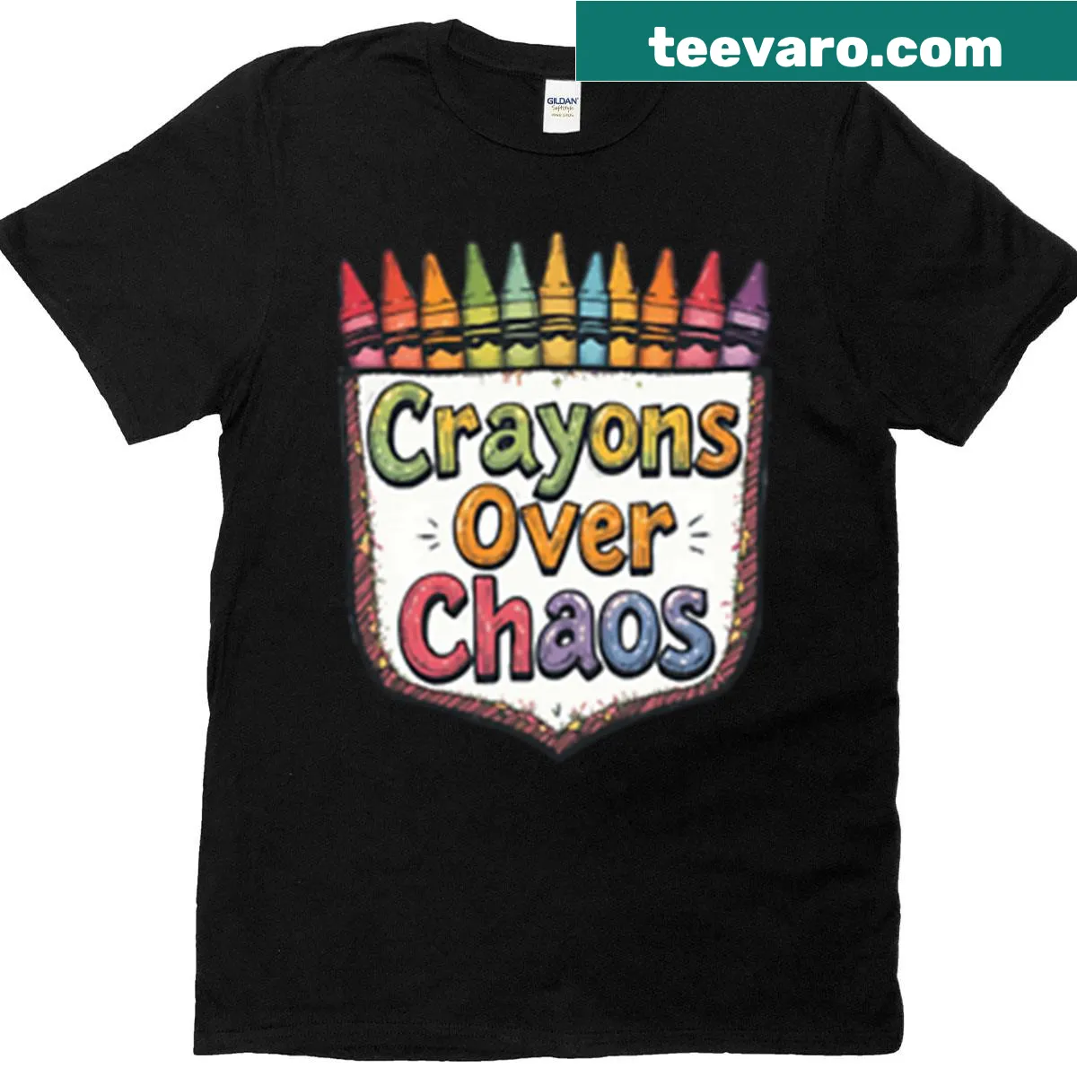 Playful teacher t-shirt with Crayons Over Chaos design — on a men's t-shirt