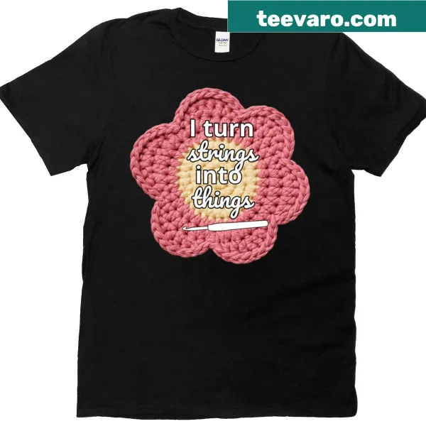 Illustrated crochet-themed t-shirt with yarn and flower designs