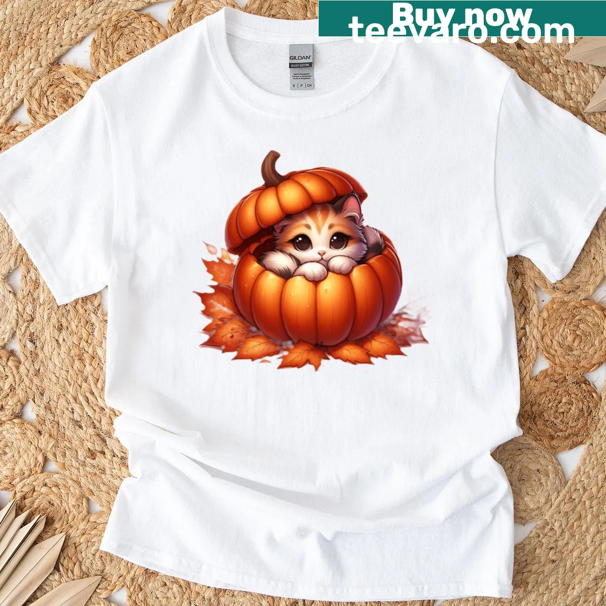 Illustration of a kitten inside a pumpkin on a T-shirt — on a men's t-shirt
