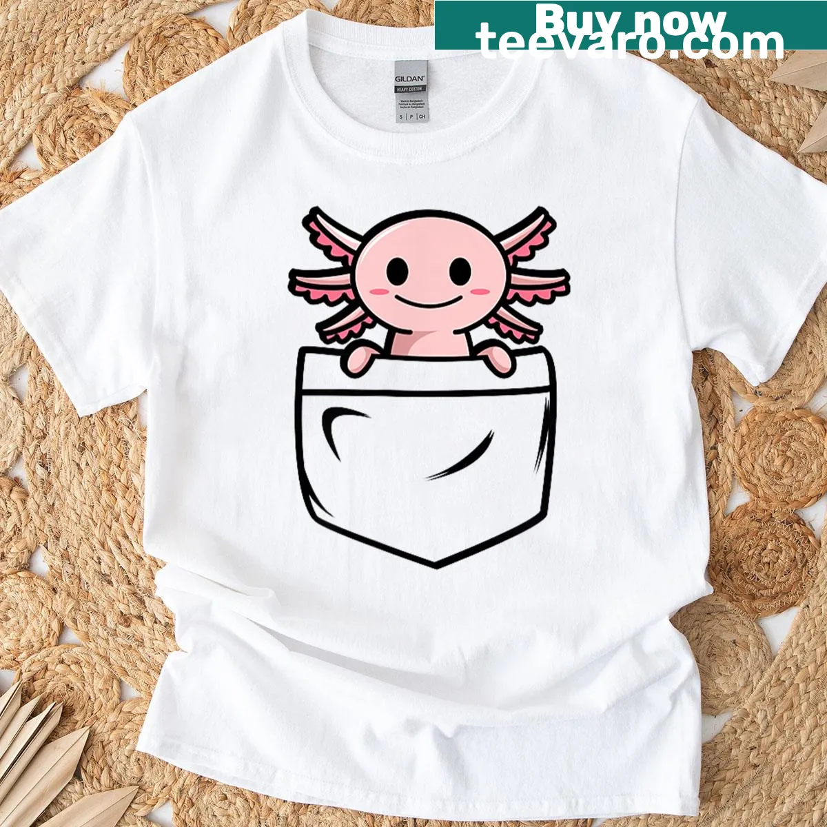 Cute axolotl design peeking from pocket illustration on a t-shirt — on a men's t-shirt