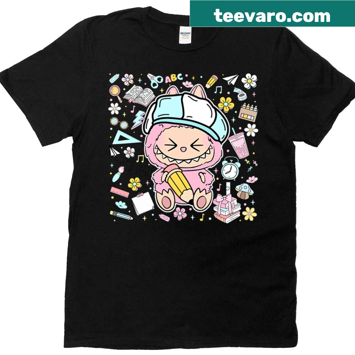 Cute Labubu character t-shirt holding a pencil — on a men's t-shirt