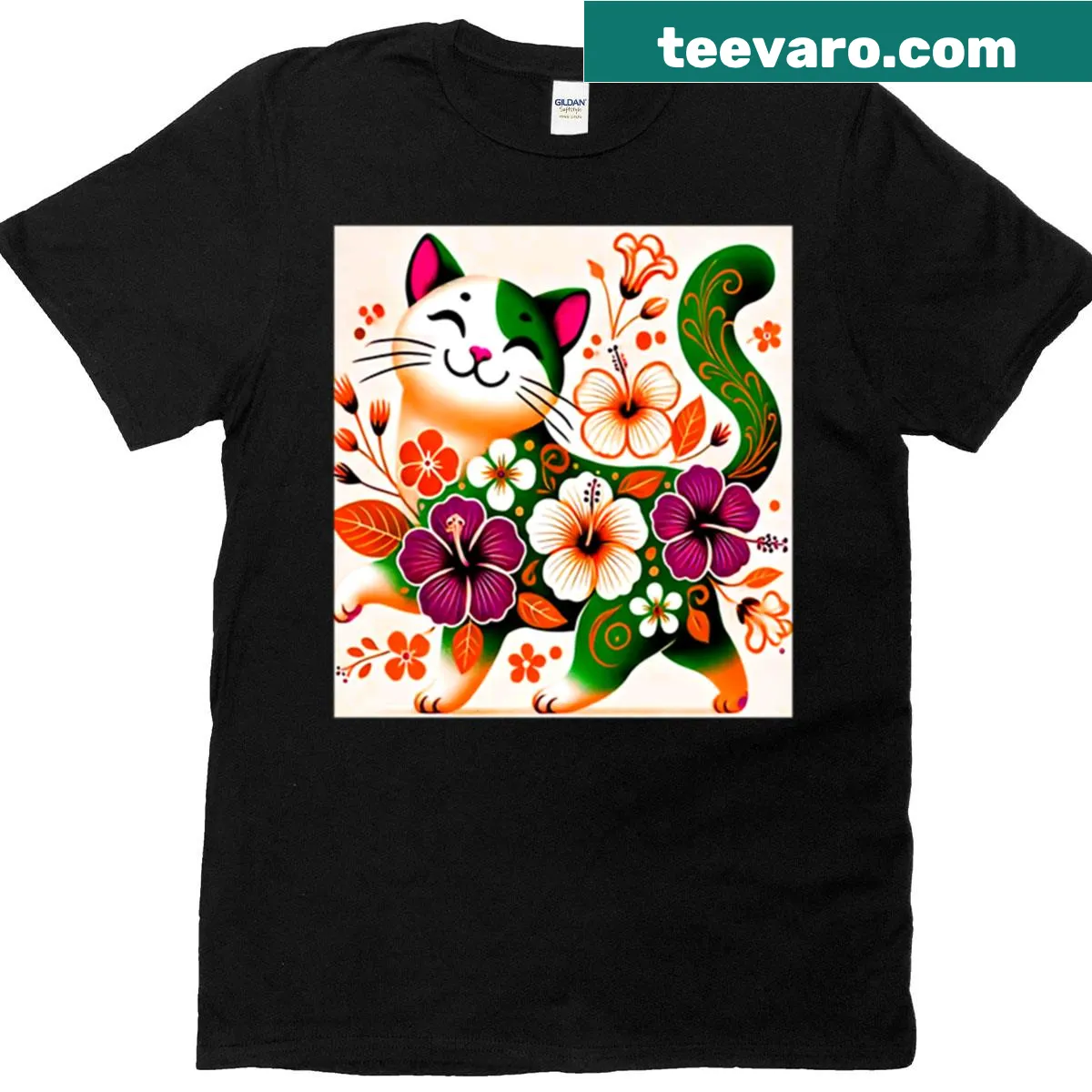 Vintage-style t-shirt featuring a cute cat surrounded by floral designs — on a men's t-shirt