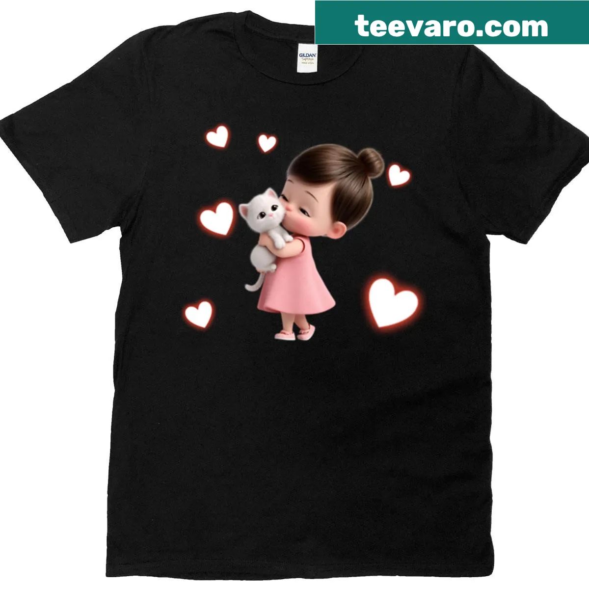 Girl kissing a white cat on an illustrated T-shirt — on a men's t-shirt