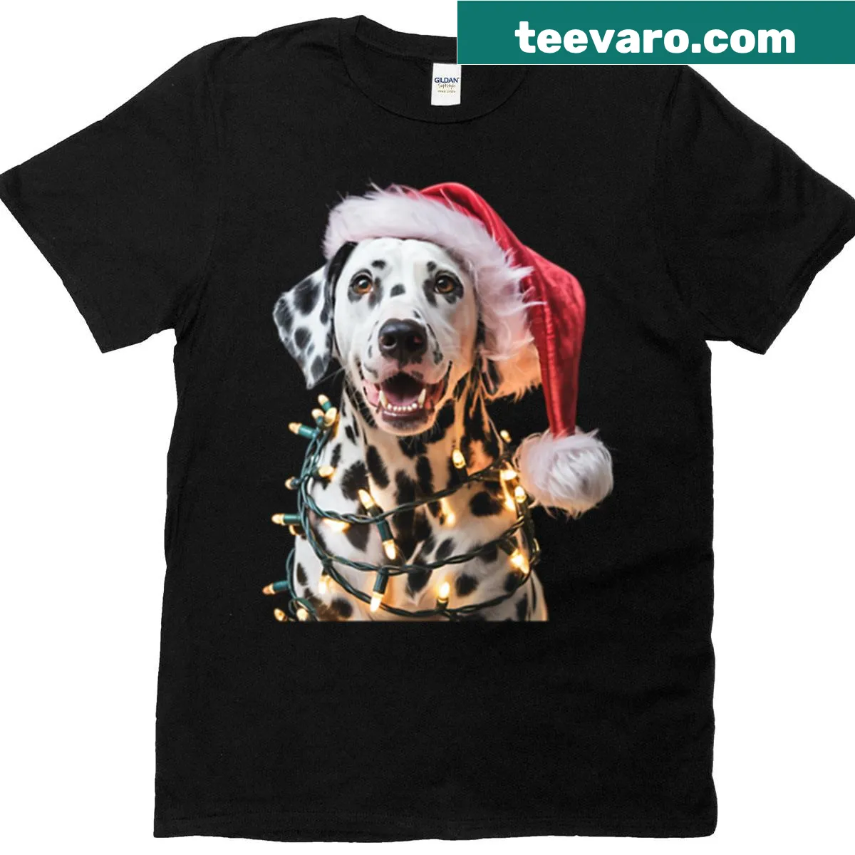 Dalmatian in a Santa hat wrapped in Christmas lights graphic — on a men's t-shirt
