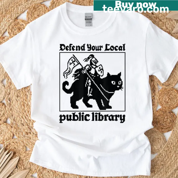 Pixel knight graphic with text promoting local libraries on a t-shirt