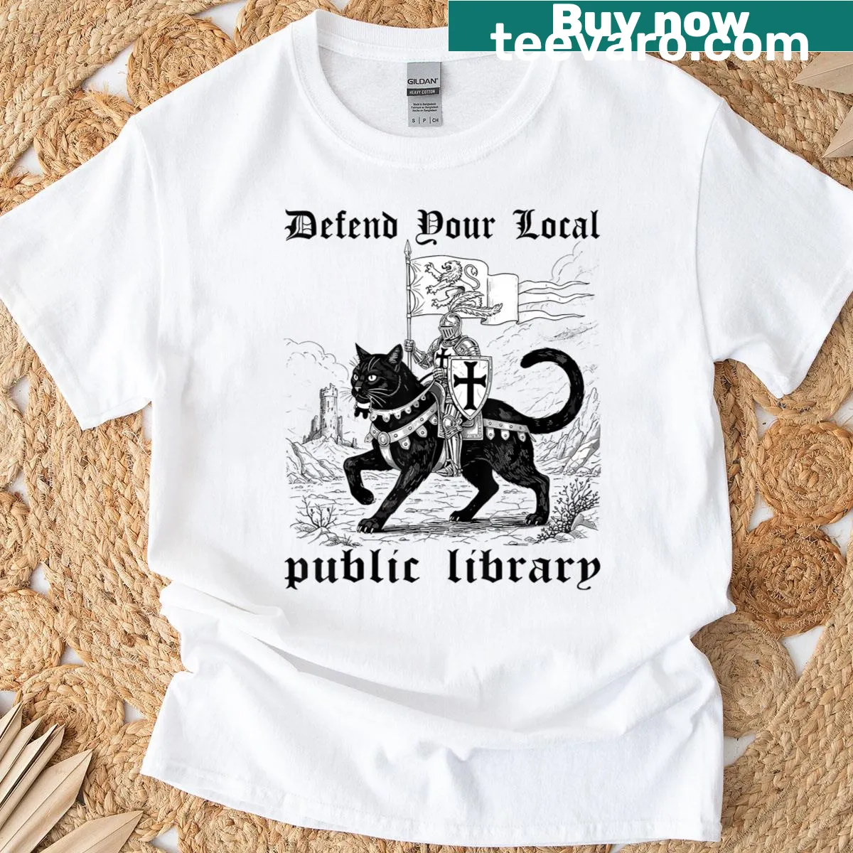 Black cat knight graphic promoting local public libraries — on a men's t-shirt
