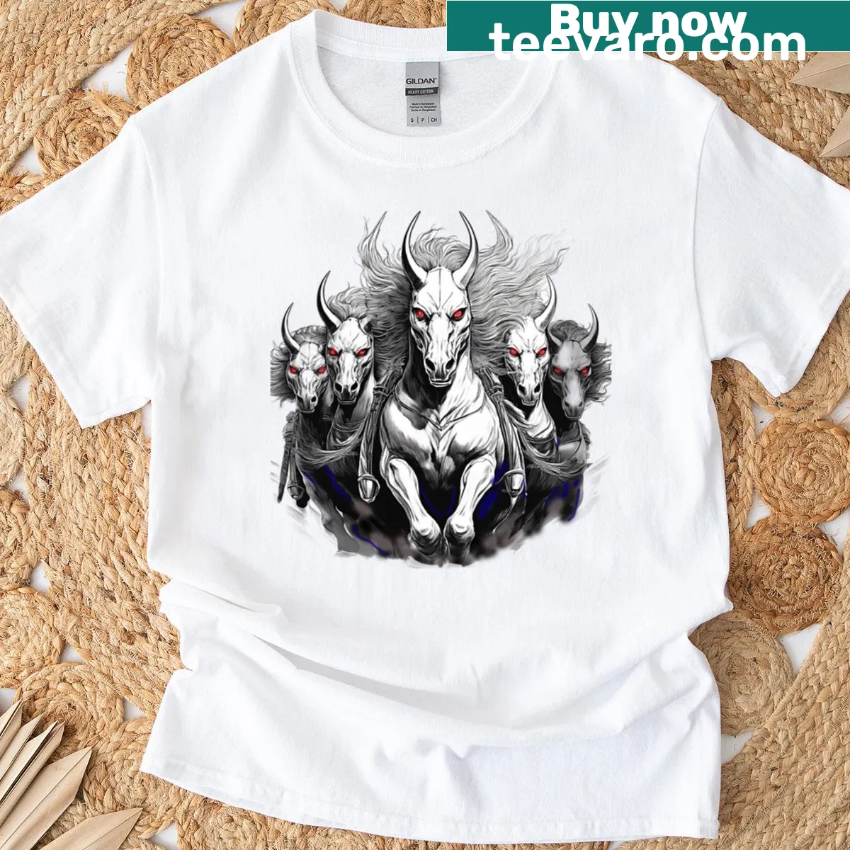 Striking design of mythical demon horses on a t-shirt. — on a men's t-shirt