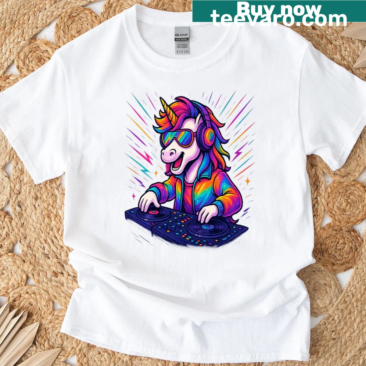 Cartoon T-shirt featuring DJ Unicorn spinning tracks — on a men's t-shirt
