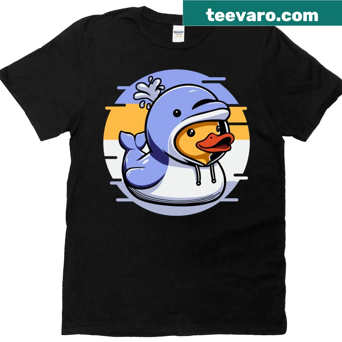 Whimsical T-shirt with dolphins and rubber ducks illustration — on a men's t-shirt