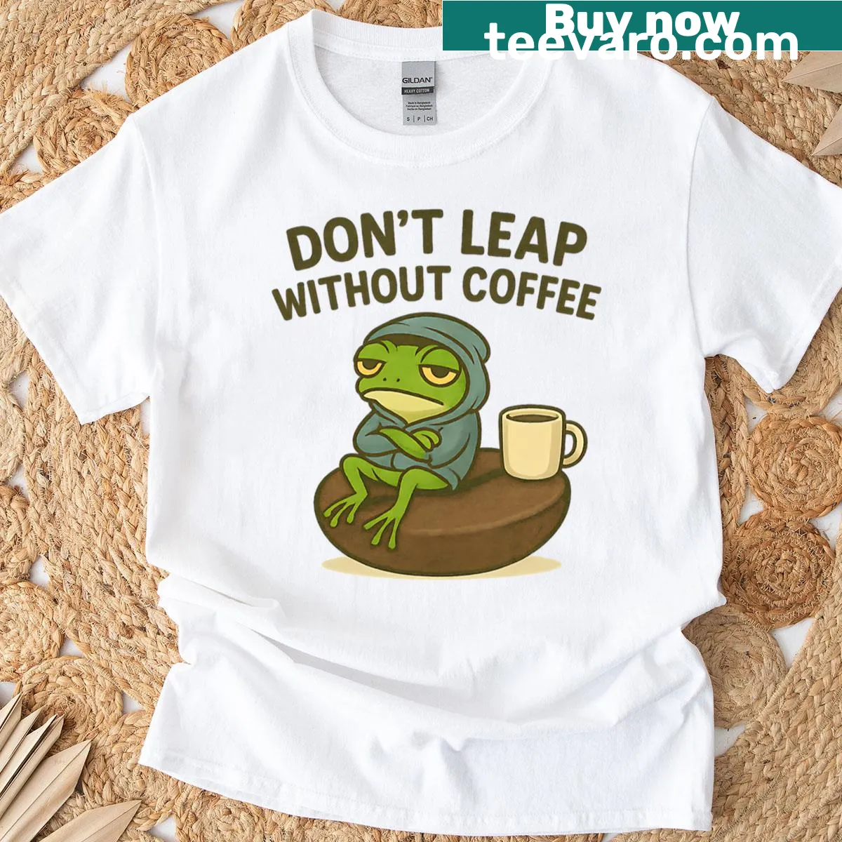 Frog graphic T-shirt with coffee quote — on a men's t-shirt