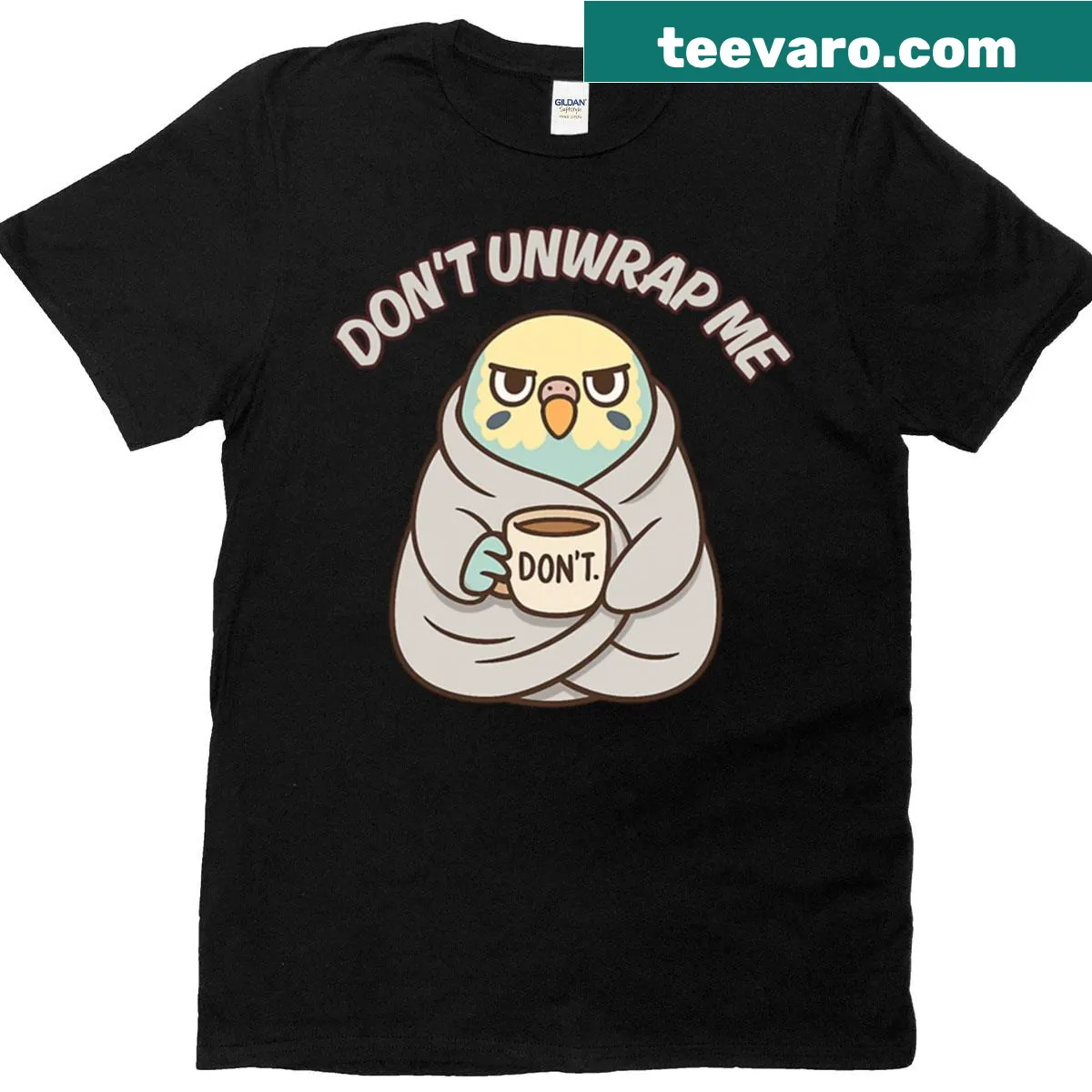 Grumpy bird coffee lover t-shirt with fun illustration — on a men's t-shirt