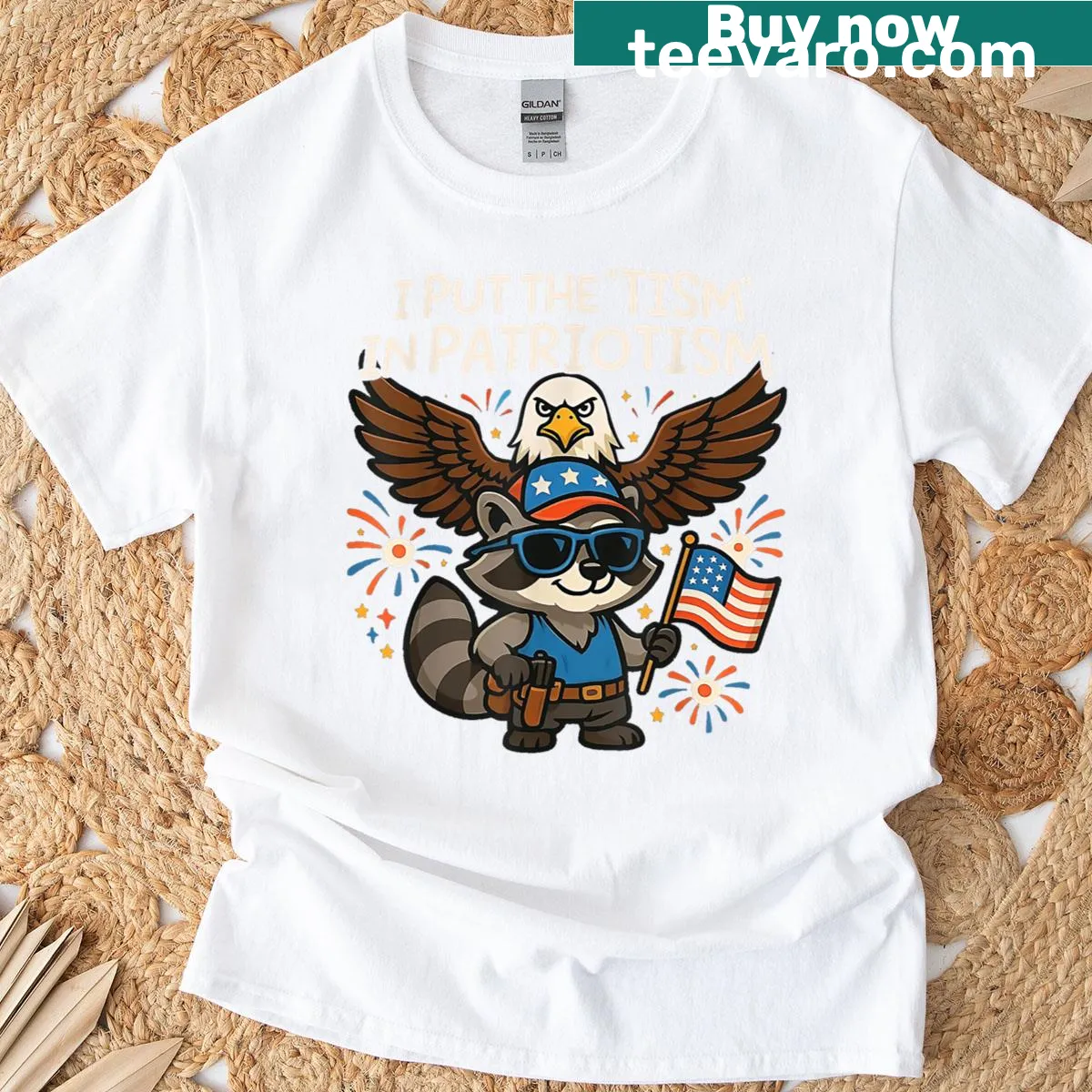 Cartoon graphic of an eagle and raccoon on a T-shirt — on a men's t-shirt