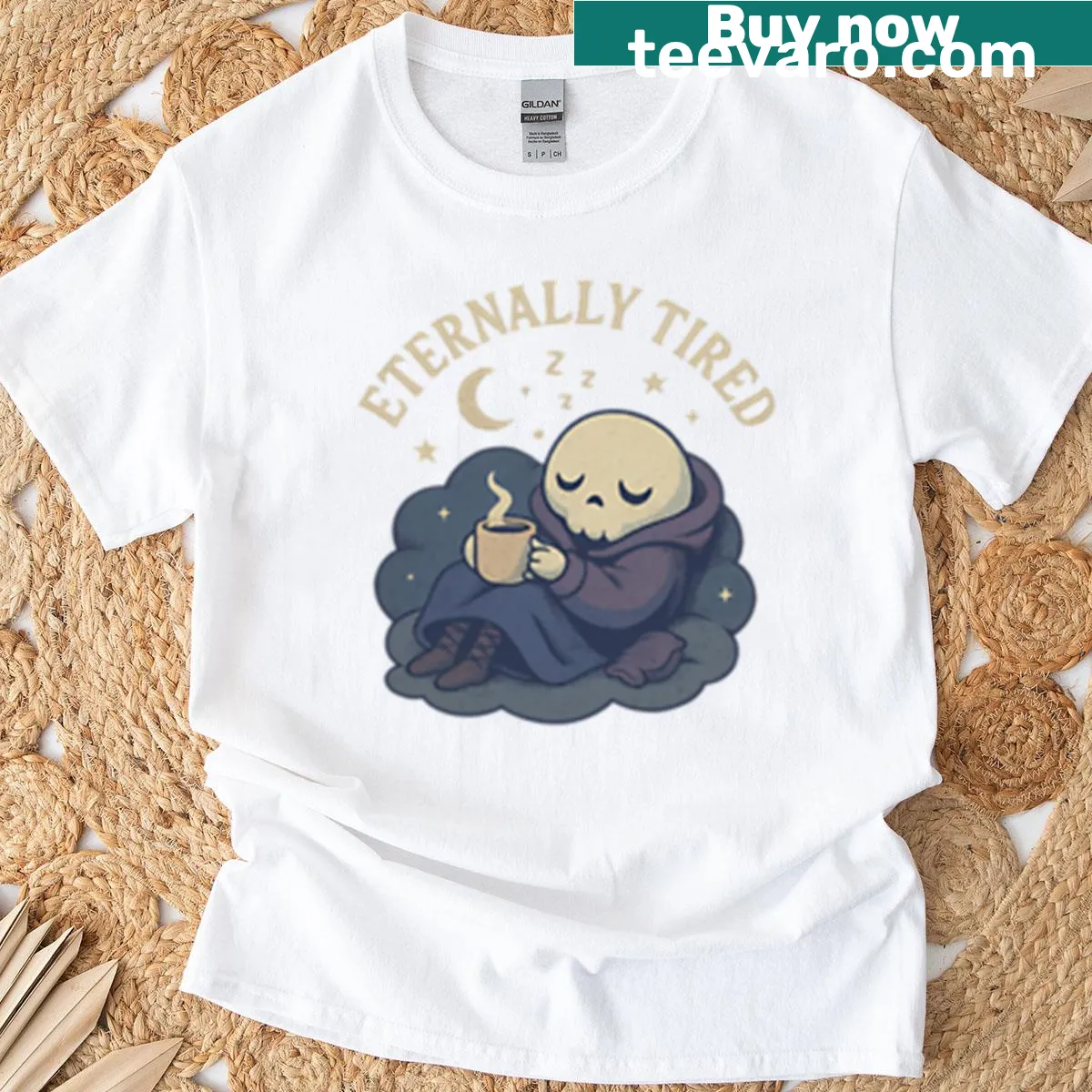 T-shirt with a cute illustration of a tired ghost wrapped in a blanket. — on a men's t-shirt