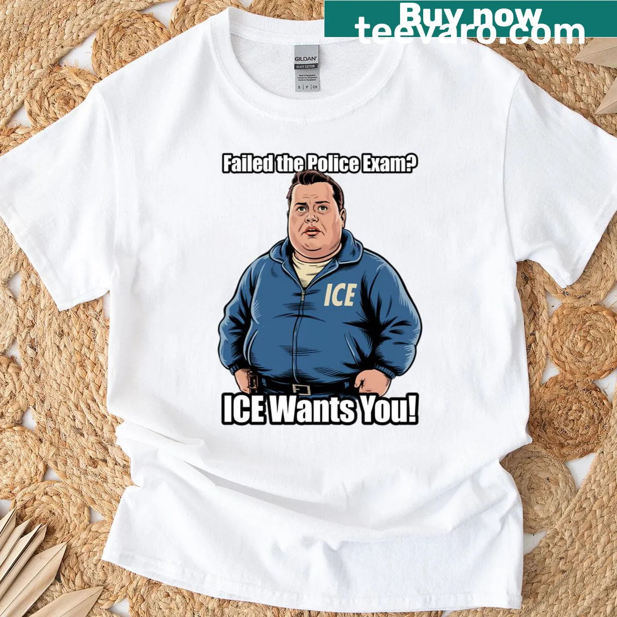 Satirical hand-lettered graphic on police exam T-shirt — on a men's t-shirt
