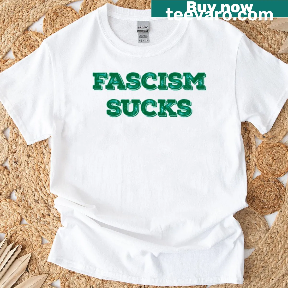 Graphic T-shirt with 'Fascism Sucks' bold typography — on a men's t-shirt
