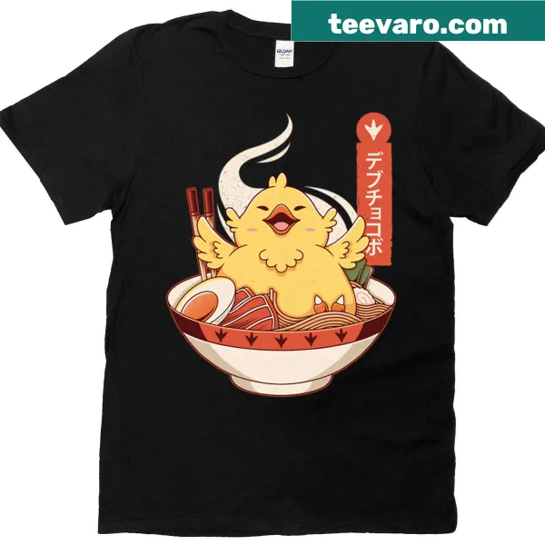 Cartoon Fat Chocobo enjoying ramen on a T-shirt