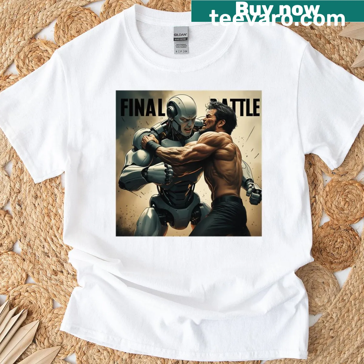Illustrated T-shirt depicting a battle between man and AI robot — on a men's t-shirt
