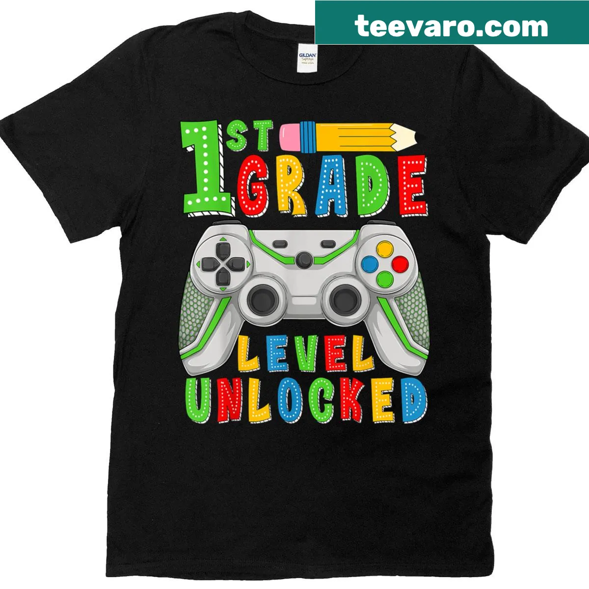 Playful school-themed T-shirt for boys celebrating first grade — on a men's t-shirt
