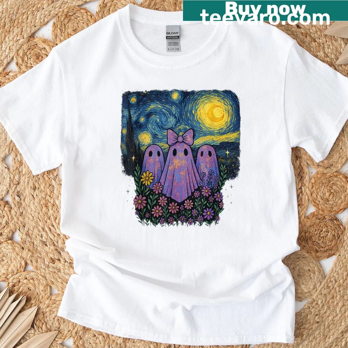 Cute ghost graphic with flowers for Halloween T-shirt — on a men's t-shirt