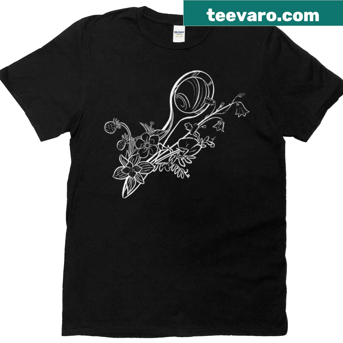 Whimsical T-shirt with druid and floral design — on a men's t-shirt