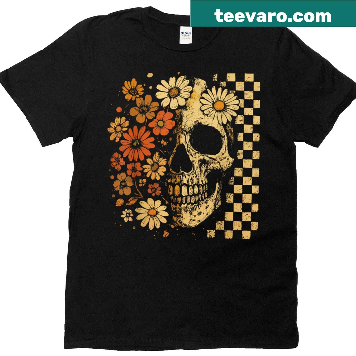 Grunge floral skull T-shirt with a retro aesthetic design — on a men's t-shirt