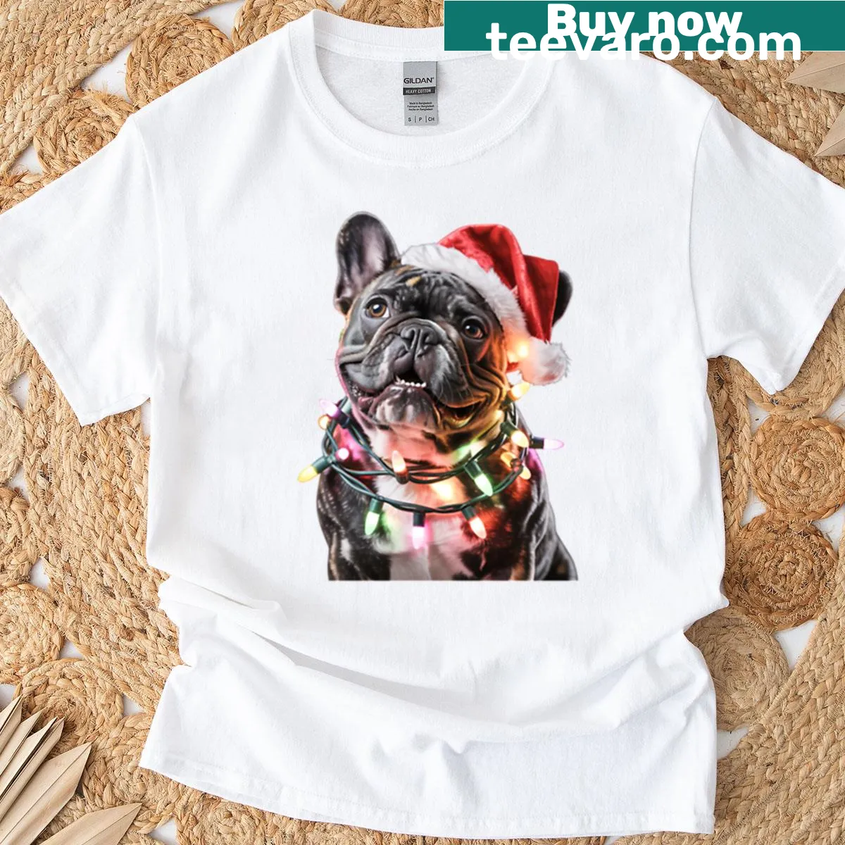 French Bulldog in Santa hat tangled in Christmas lights T-shirt — on a men's t-shirt