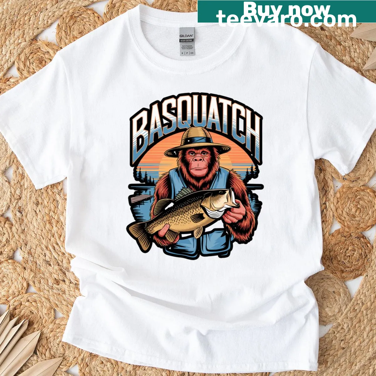 Funny Bassquatch fishing graphic T-shirt — on a men's t-shirt