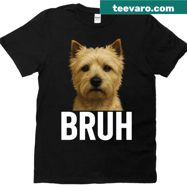 Cairn Terrier meme T-shirt with the word 'Bruh' in an illustrative style