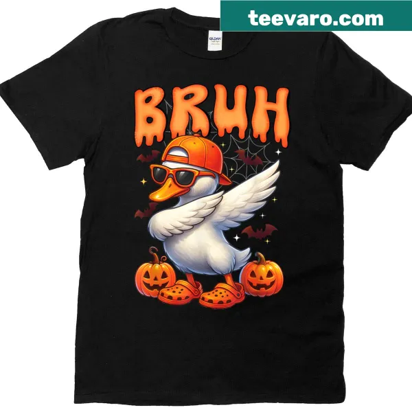 Cartoon Halloween t-shirt with a dabbing goose for kids.